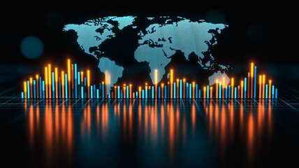 Global Network Data Visualization: Abstract visualization of global network data, with vibrant glowing bars representing data points against a world map backdrop.  The image uses a dark.