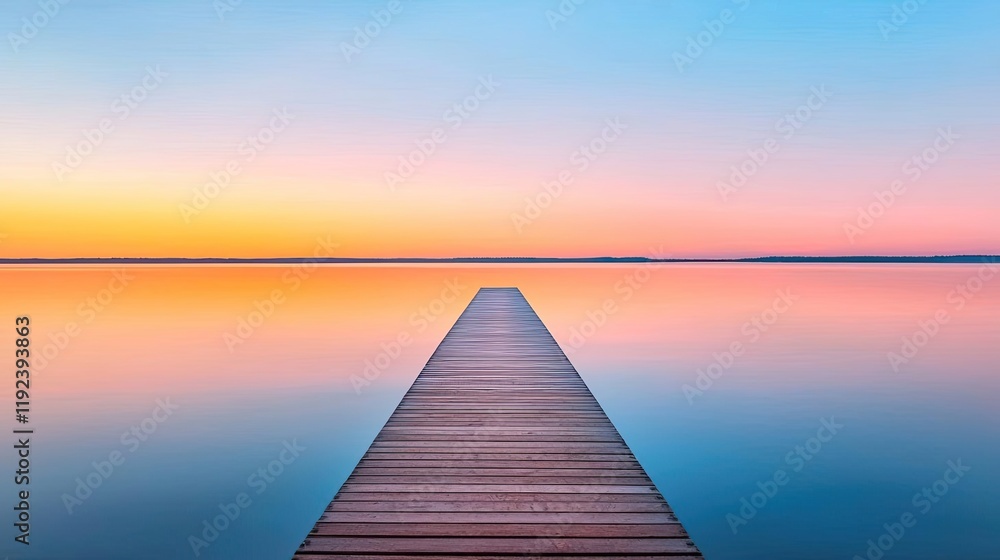 Poster symmetry gradient concept. serene wooden dock extending into calm waters at sunset, reflecting vibra