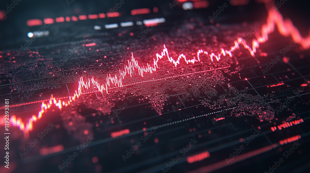 Poster global market fluctuations: a red line graph climbs and dips dramatically on a digital screen with a