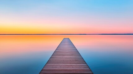 Naklejka premium Symmetry gradient concept. Serene wooden dock extending into calm waters at sunset, reflecting vibrant colors.