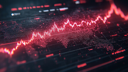 Global Market Fluctuations: A red line graph climbs and dips dramatically on a digital screen with a global map overlaid in the background.