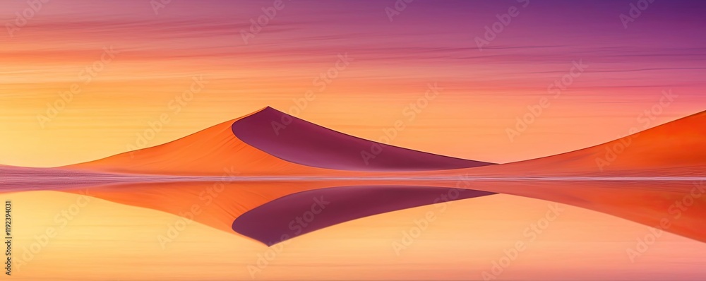 Poster Symmetry gradient concept. Stunning sunset over dunes, creating a tranquil and mesmerizing landscape reflection.