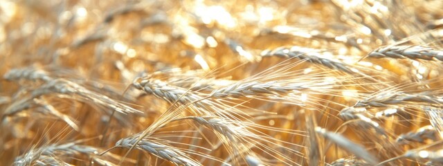 Close-up of a golden oat field illuminated by morning sunlight with soft-focus details in a natural landscape