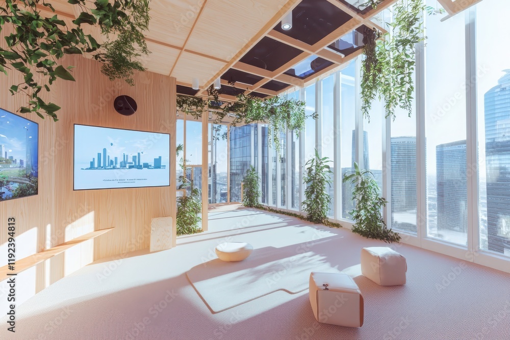 Poster virtual reality therapy design experience modern urban setting interactive content bright open envir