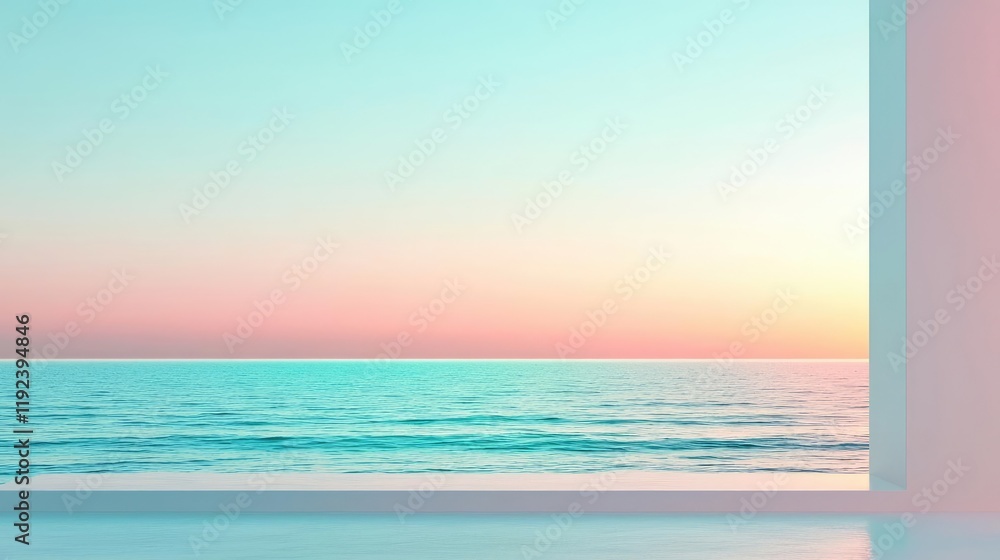 Poster vivid gradient concept. a serene view of the ocean through a modern window at sunset.