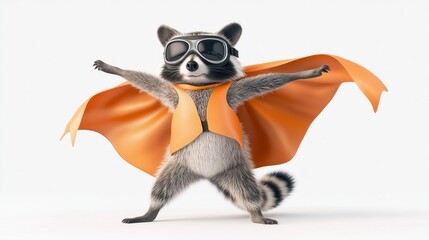 Adventurous Cartoon Raccoon with an Orange Cape on White Background