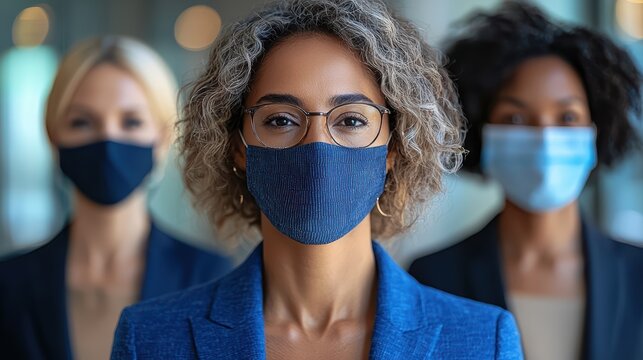 Caucasian and african young females wearing masks in professional setting