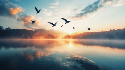 Obraz premium Serene Sunrise: Birds in Flight over Misty Lake