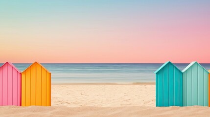 Vivid gradient concept. Colorful beach huts on a serene shore under a pastel sunset sky.
