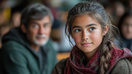Fototapeta premium Thoughtful caucasian female child in colorful scarf with mature man in background