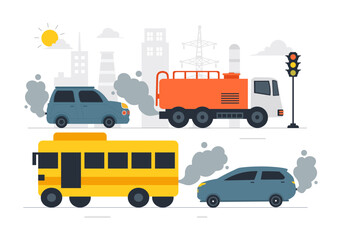 Car Air Pollution Vector Illustration featuring a Polluted Urban Environment, Vehicle Traffic, and Toxic Emissions from Automobiles and Transportation