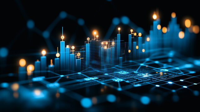 Glowing Candlestick Charts: Abstract financial data visualized as glowing candlestick charts in a futuristic, interconnected network.