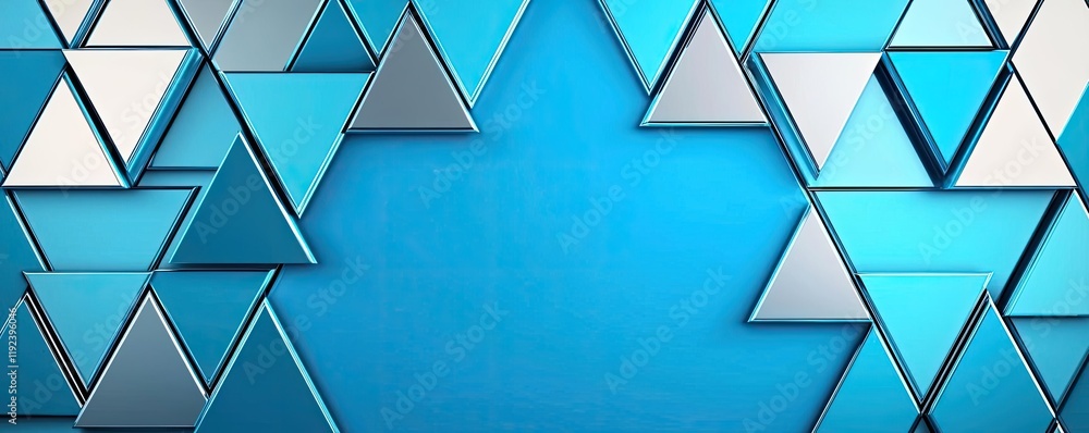 Poster Minimal symmetry idea. Abstract geometric pattern of blue and silver triangles creating a modern design.