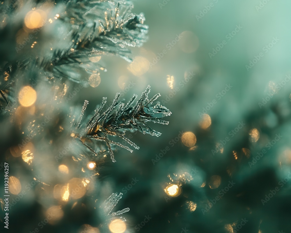 Poster close-up of frosted christmas tree branch with bokeh lights.