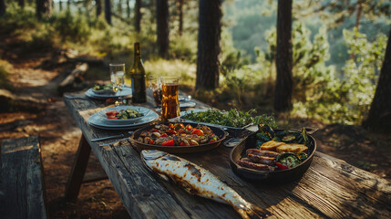 Obraz premium A rustic wooden table amidst forest trees, showcasing a platter of roasted vegetables and grilled fish. The earthy browns, greens, and oranges of the food and surroundings create a natural
