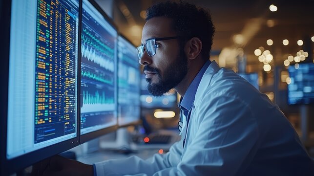 African male researcher analyzing data on monitors in laboratory