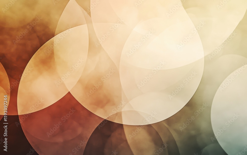 Poster abstract overlapping circles with warm hues and bokeh effect, soft background.