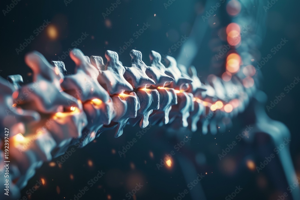Poster spinal nerves sending electrical signals through vertebrae, creating bright glowing synapse