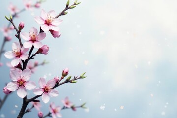 Obraz premium Delicate Pink Blossoms on Branch with Soft Blue Background and Falling Petals