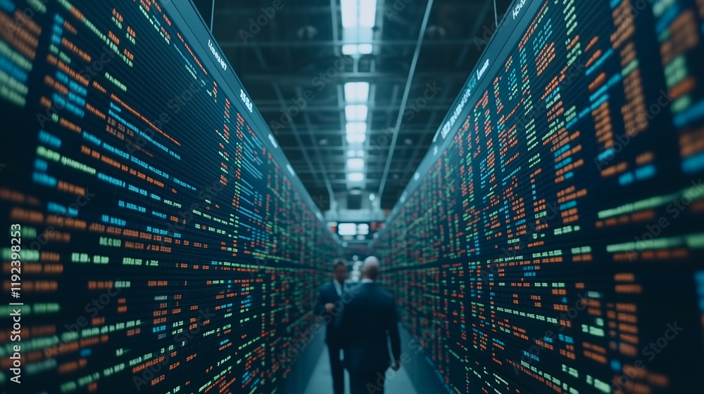 Poster deep dive into data: two figures in suits walk down a long corridor lined with massive screens displ