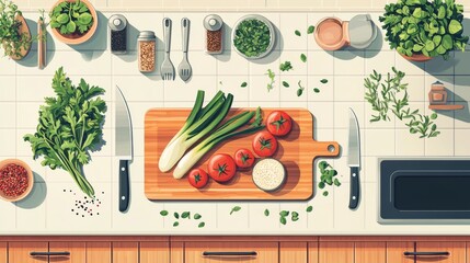 Cozy kitchen scene with fresh vegetables and herbs design
