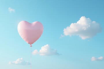 Obraz premium A gentle pink heart-shaped balloon floats serenely against a backdrop of a clear blue sky, adorned with fluffy white clouds, evoking feelings of love, hope, and dreams.