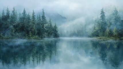 Serene Misty Lake Landscape Painting with Evergreen Trees and Mountain Backdrop.
