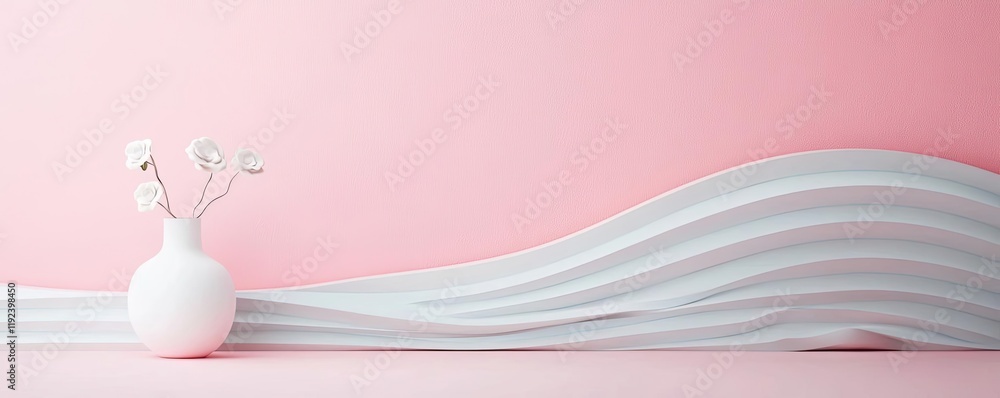 Poster symmetry gradient concept. a minimalist vase with flowers on a soft pink background and curved white
