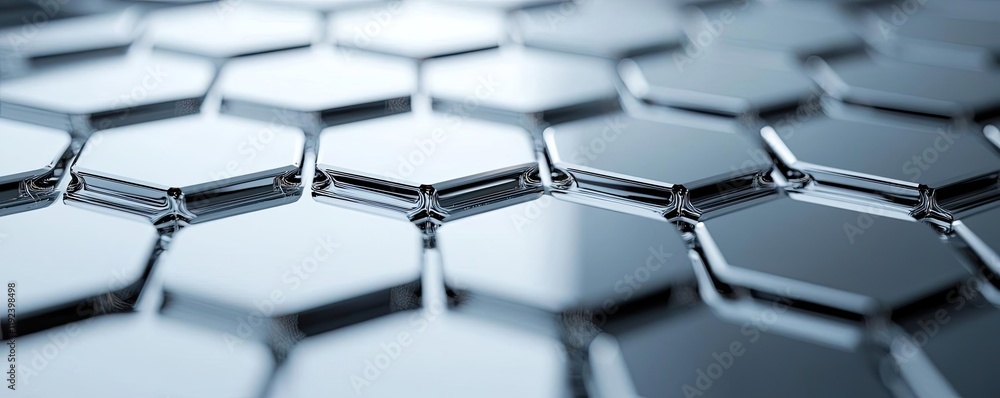 Poster Minimal symmetry idea. Close-up of a hexagonal pattern with metallic sheen, representing modern technology.
