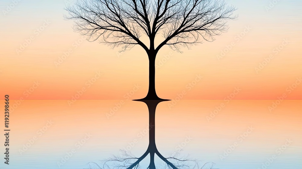 Poster minimal symmetry idea. silhouette of a tree against a vibrant sunset reflected in calm waters.