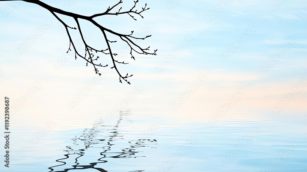 Poster minimal symmetry idea. a serene scene featuring a bare branch reflected in calm water under a pastel