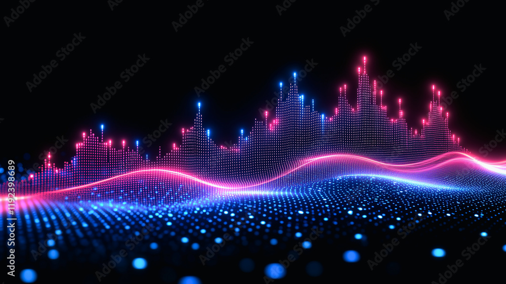 Poster abstract data visualization: a mesmerizing wave of data points, glowing in vibrant pink and blue hue