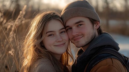 Obraz premium Romantic Couple Portrait: Young Love in Winter Wonderland. A tender moment of intimacy and affection captured in a beautiful outdoor setting.