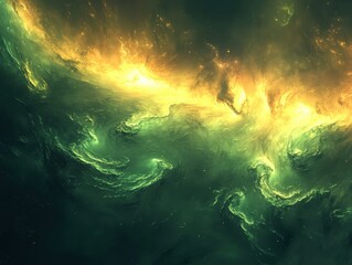 Abstract Cosmic Nebula with Golden Swirls and Emerald Hues, Deep Space Background.