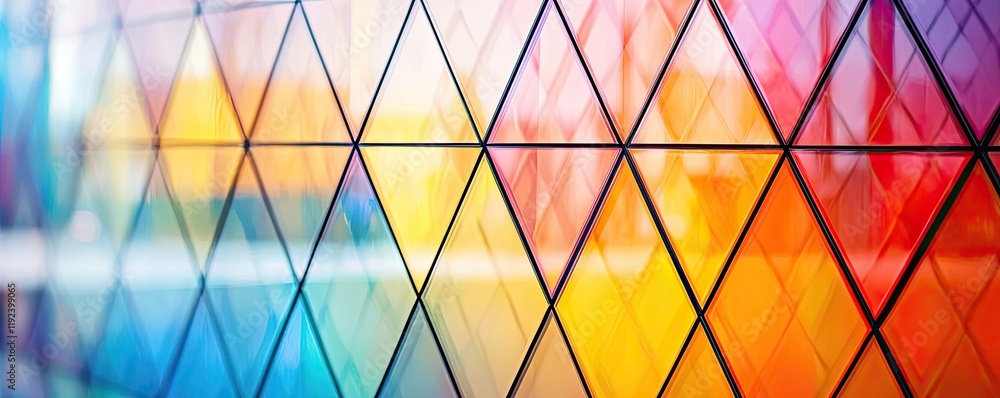 Poster Symmetry gradient concept. Colorful triangular patterns on a glass surface reflecting light and creating art.