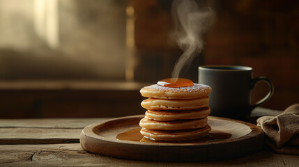 A stack of golden pancakes with maple syrup on a rustic wooden plate, paired with a steaming cup of coffee. The warm, earthy backdrop of browns, greens, and yellows creates a cozy, inviting atmosphere