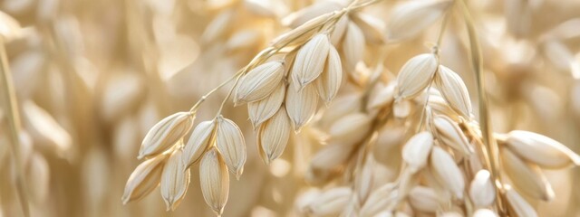 Close-up view of a golden oat field illuminated by soft sunlight highlighting the beauty of organic agriculture and natural food products