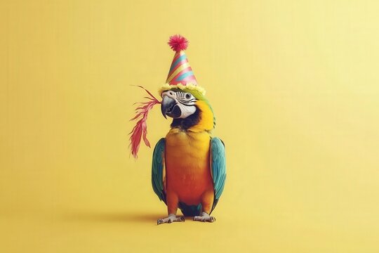 A vibrant Blue-and-yellow Macaw parrot wearing a festive party hat, against a bright yellow background.  Perfect for celebrating birthdays, parties, or adding a touch of tropical fun.