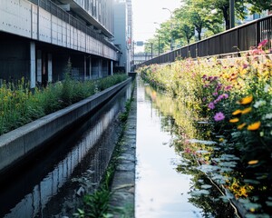 Urban Stream with Flower-Lined Banks and Building Reflections.