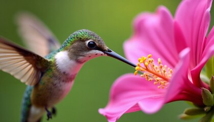 Fototapeta premium Hummingbird drinking nectar from bright pink blossom in close-up
