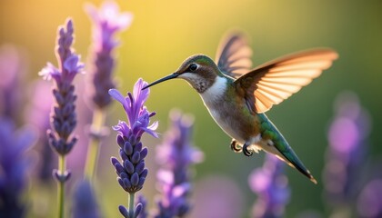 Fototapeta premium Hummingbird hovering near lavender flower in gentle morning light