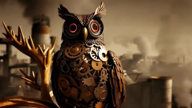 Steampunk Owl Perched on a Golden Branch in an Industrial Setting