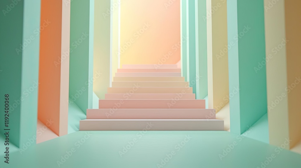 Poster Symmetry gradient concept. A serene perspective of colorful steps ascending into a soft lighted corridor.