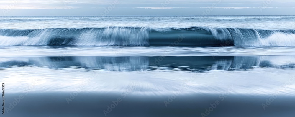 Poster symmetry gradient concept. a serene ocean wave gently rolling onto a sandy shore under a calming blu