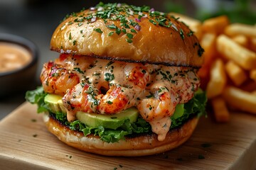 Delicious Lobster Roll Burger with Avocado and Fries