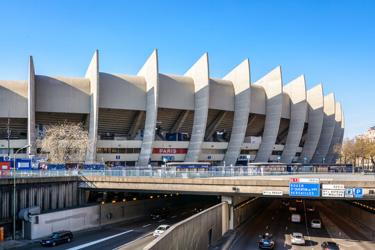 Paris, France - March 21, 2019: Southeast side of the all-seater Parc des Princes stadium, home stadium of Paris Saint-Germain (PSG) football club, built in 1972 partially above Paris ring road.