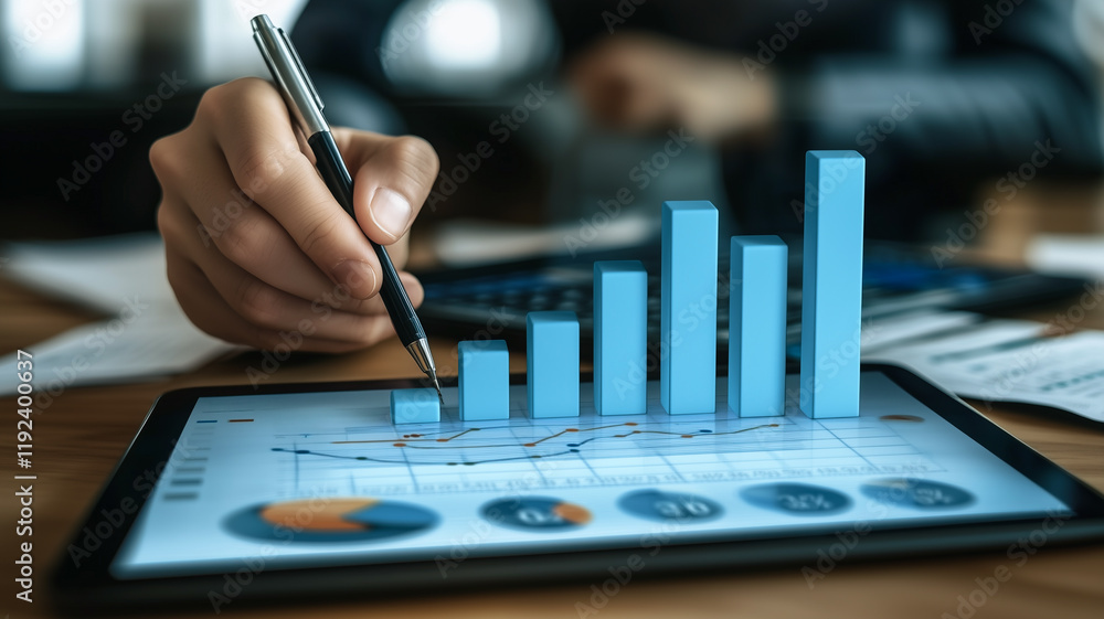 Aufkleber analyzing growth on tablet: a close-up shot of a hand using a pen to point at a 3d bar graph rising 