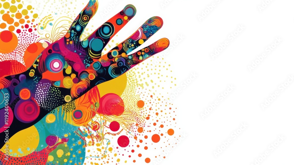 Aufkleber vibrant abstract artwork of colorful hand silhouette with circles and dots in various sizes against 