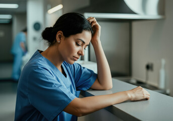 Exhausted Nurse Leaning on Counter