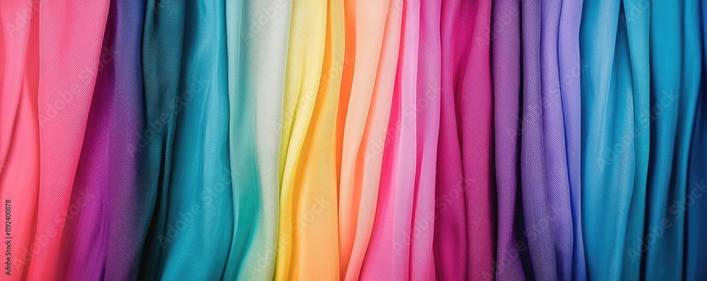Poster Vivid gradient concept. Vibrant fabric waves in multiple colors, showcasing a beautiful gradient effect.